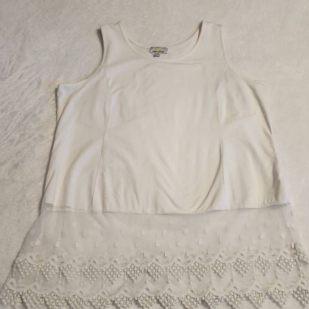 Katheen Kirkwood Womens Size 2X White Sleeveless Scoop Neck Tunic with Lace Hem